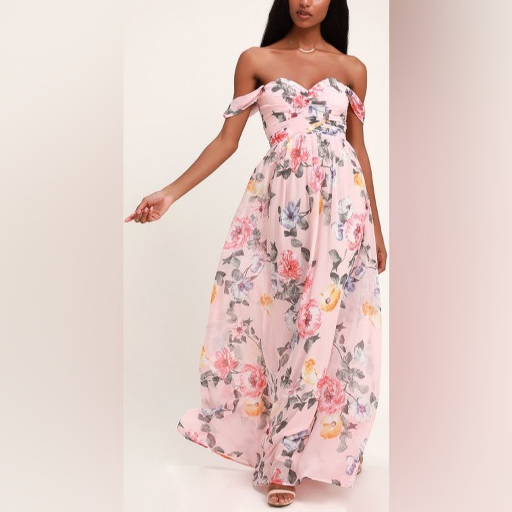 Lulus Harmonious Love Blush Floral Print Off-the-Shoulder Maxi Dress - NWT